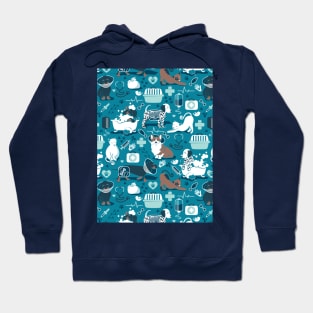 Veterinary medicine, happy and healthy friends // pattern // turquoise background aqua details navy blue white and brown cats dogs and other animals Hoodie